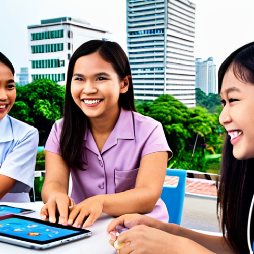 Home 4 **Image:** A diverse group of Thai people (children, teens, adults, elderly) are smiling and engaged in various activities, symbolizing mental well-being. In the background, a modern Thai cityscape with a hospital and office buildings is visible, indicating the wide range of career opportunities for clinical psychologists. A subtle overlay of digital technology (like a telehealth app icon) hints at the evolving digital landscape of mental healthcare.