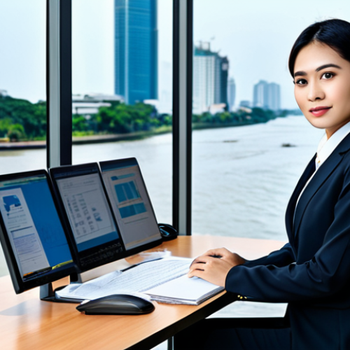 Home 18 **
A professional Thai businesswoman in a modern, modest business suit, working at a sleek desk in a contemporary Bangkok office with a view of the Chao Phraya River. Fully clothed, appropriate attire, safe for work, perfect anatomy, natural proportions, professional photography, high quality, family-friendly.
**