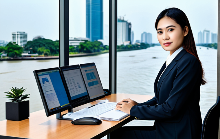 **
A professional Thai businesswoman in a modern, modest business suit, working at a sleek desk in a contemporary Bangkok office with a view of the Chao Phraya River. Fully clothed, appropriate attire, safe for work, perfect anatomy, natural proportions, professional photography, high quality, family-friendly.
**