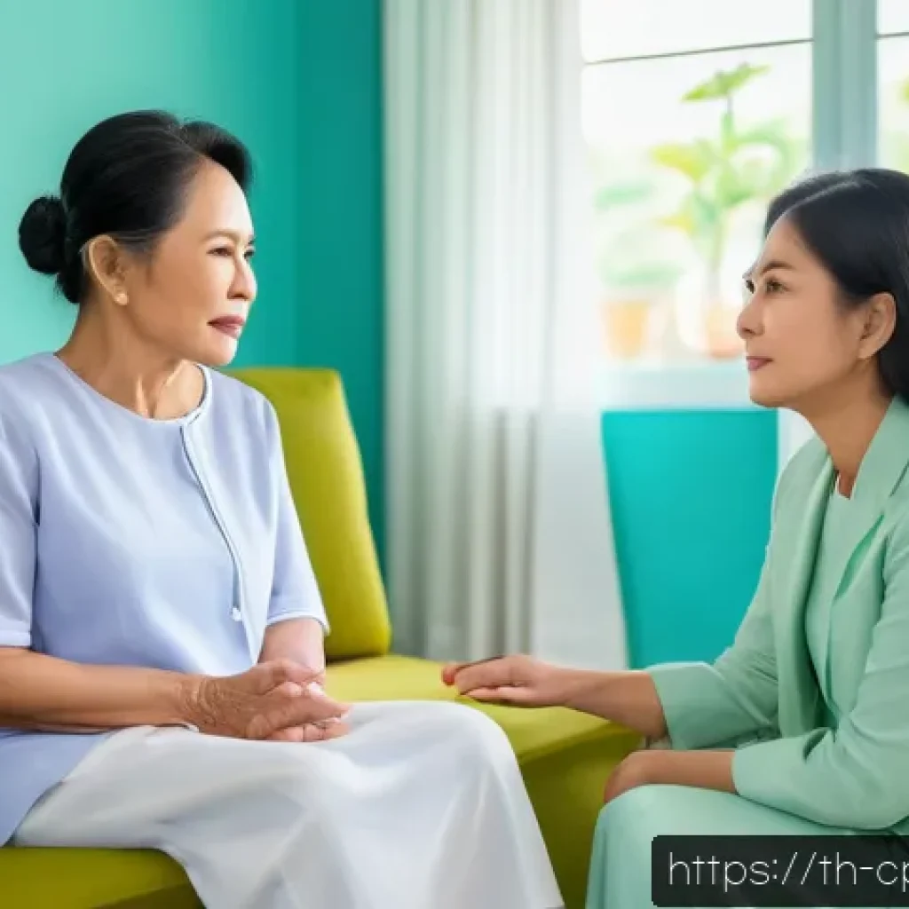 임상심리사의 대인관계 스킬 - A professional clinical psychologist attentively listening to a middle-aged Thai woman in a cozy the...