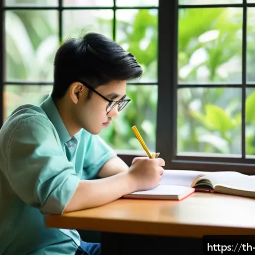 Home 33 임상심리사 시험 최종 점검 체크리스트 - A focused study scene in a quiet Thai library with natural daylight streaming through large windows,...