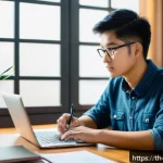 Home 19 임상심리사 자격증 준비 비용 - A focused Thai adult student sitting at a desk in a cozy home study room, surrounded by psychology t...