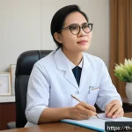 Home 18 임상심리사 진로 계획의 중요성 - A professional clinical psychologist in a modern Thai hospital setting, wearing formal attire and ey...